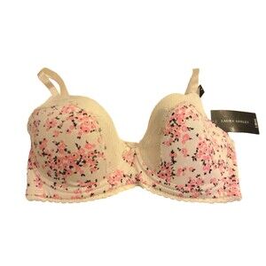 Laura Ashley Bra Size.38D Floral Lace Underwire Pink Beige New